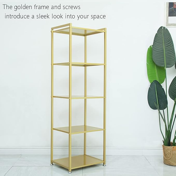 Gold Shelf, Gold Bookcase, 5-Tier Bookshelf Shoe Purse Handbag Rack Shelving Unit Etagere Tall Narrow Metal Corner Shelf Boutique Display Storage Retail Commercial Stand(19.7x15.7x63) - LeafyLoom