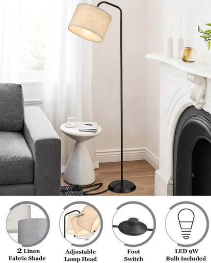 ELYONA Modern Floor Lamp for Living Room, Tall Pole Standing Light with 2 Fabric Shades and 9W LED Bulb, Industrial Reading Light, Adjustable Floor Lamps for Office, Bedrooms, Farmhouse, Black - LeafyLoom