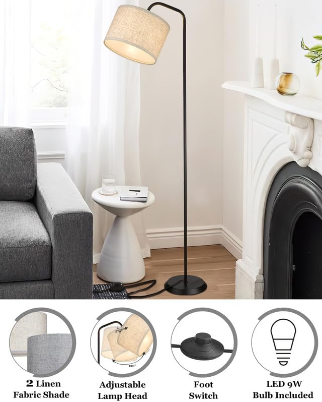 ELYONA Modern Floor Lamp for Living Room, Tall Pole Standing Light with 2 Fabric Shades and 9W LED Bulb, Industrial Reading Light, Adjustable Floor Lamps for Office, Bedrooms, Farmhouse, Black - LeafyLoom