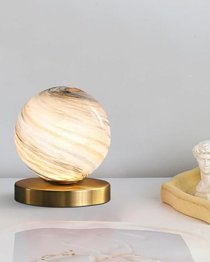 Bedside Table Lamp Gold Desk Lamp Reading Lamp with Handblown Glass Globe Shade, Plug in Table Desk Lamp for Bedroom Office Library Study Room (Moon Shade) - LeafyLoom