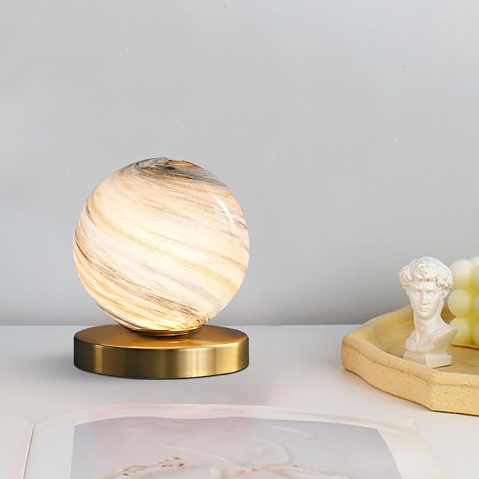 Bedside Table Lamp Gold Desk Lamp Reading Lamp with Handblown Glass Globe Shade, Plug in Table Desk Lamp for Bedroom Office Library Study Room (Moon Shade) - LeafyLoom