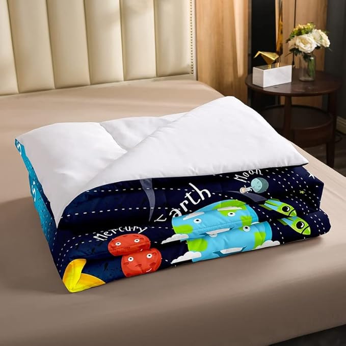 Erosebridal Outer Space Comforter Set Starry Sky Bedding Set Queen Size for Kids Boys Girls Room Galaxy Planet Space Duvet Sets Solar System Cartoon Down Comforter 3 Pieces with 2 Pillow Cases, Blue - LeafyLoom