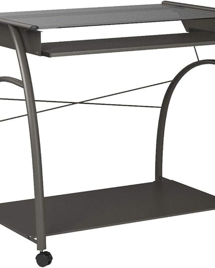 Acme Vincent Glass Top Computer Cart with Pull-out Keyboard in Pewter - LeafyLoom