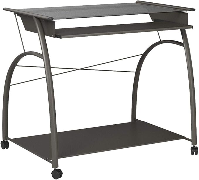 Acme Vincent Glass Top Computer Cart with Pull-out Keyboard in Pewter - LeafyLoom