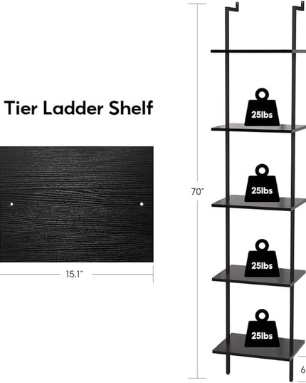 Nidouillet 5 Tier Ladder Shelf, 70-Inch Wall Mounted Ladder Bookshelf Metal Frame Storage Rack and Industrial Display Shelves for Living Room Bedroom Home Office - Black - LeafyLoom