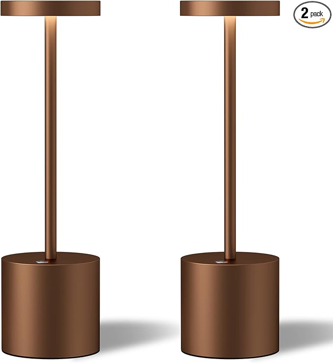 2 Pack Cordless Table Lamps, 5000mAh Rechargeable Battery Powered Lamp, Portable Metal 3-Level Dimmable Desk Lamp,LED Table Light for Outdoor/Patio/Restaurant/Bedroom/Home. (Brown) - LeafyLoom