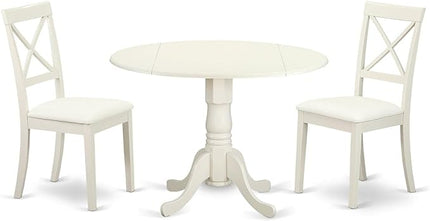 East West Furniture DLBO3-LWH-LC 3 Piece Modern Dining Table Set Contains a Round Wooden Table with Dropleaf and 2 Faux Leather Kitchen Dining Chairs, 42x42 Inch, Linen White - LeafyLoom