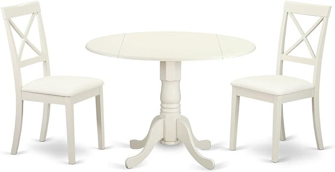 East West Furniture DLBO3-LWH-LC 3 Piece Modern Dining Table Set Contains a Round Wooden Table with Dropleaf and 2 Faux Leather Kitchen Dining Chairs, 42x42 Inch, Linen White - LeafyLoom