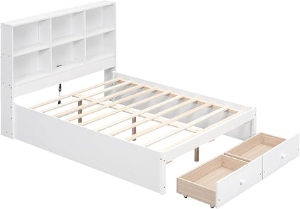 Full Size Platform Bed with Storage Headboard Bookcase, 2 Drawers Underneath and Charging Station, for Bedroom/Guest Room, White - LeafyLoom