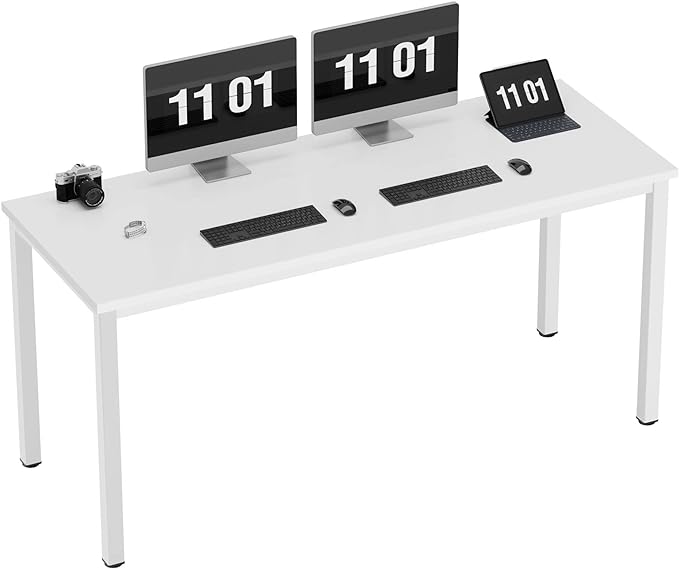 Need 63 Inch Large Computer Desk - Modern Simple Style Home Office Gaming Desk, Basic Writing Table for Study Student, White Metal Frame, White - LeafyLoom