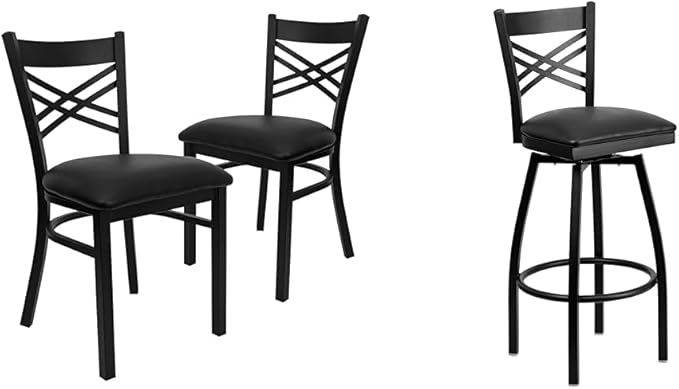 Flash Furniture 2 Pack Hercules Series Black ''X'' Back Metal Restaurant Chair - Black Vinyl Seat & Hercules Series Black ''X'' Back Swivel Metal Barstool - Black Vinyl Seat - LeafyLoom