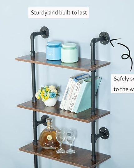 5 Shelf Industrial Pipe Shelving, Black Modern Bookcase Bookshelf, Wall Mount Ladder Shelf with Metal Frame Display Selves - LeafyLoom