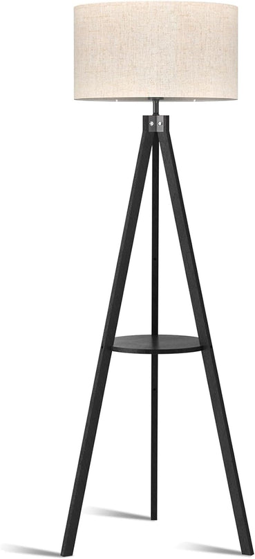 LEPOWER Tripod Floor Lamp, Mid Century Wood Standing Lamp, Modern Design Shelf Floor Lamp for Living Room, Bedroom, Office, Flaxen Lamp Shade with E26 Lamp Base Black - LeafyLoom