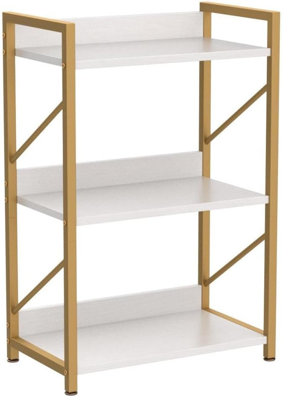 Small Bookshelf for Small Spaces, 3 Tier Bookcase, Narrow Gold Book Shelf, Small Shelf Open Display Rack for Bedroom, Living Room, Home Office,White&Gold - LeafyLoom