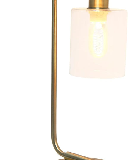 Simple Designs LD1036-ABS 18.8" Industrial Vintage Bronson Antique Style Industrial Iron Lantern Desk Table Lamp with Glass Cylinder Shade for Home Décor, Office, Living Room, Bedroom, Antique Brass - LeafyLoom