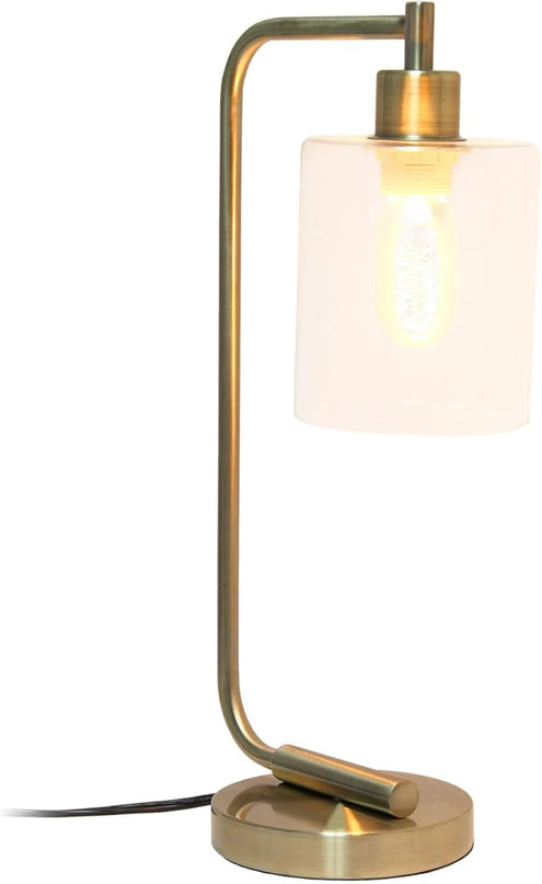Simple Designs LD1036-ABS 18.8" Industrial Vintage Bronson Antique Style Industrial Iron Lantern Desk Table Lamp with Glass Cylinder Shade for Home Décor, Office, Living Room, Bedroom, Antique Brass - LeafyLoom