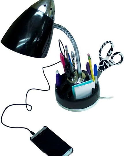 Simple Designs LD1015-BLK Flossy Organizer Desk Lamp with Charging Outlet and Lazy Susan Base, Black - LeafyLoom