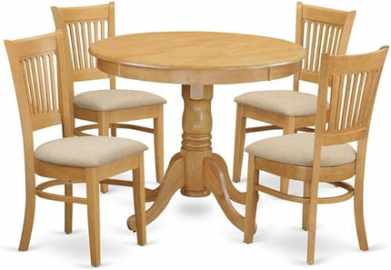 East West Furniture ANVA5-OAK-C 5 Piece Dining Room Furniture Set Includes a Round Dining Table with Pedestal and 4 Linen Fabric Upholstered Chairs, 36x36 Inch, Oak - LeafyLoom