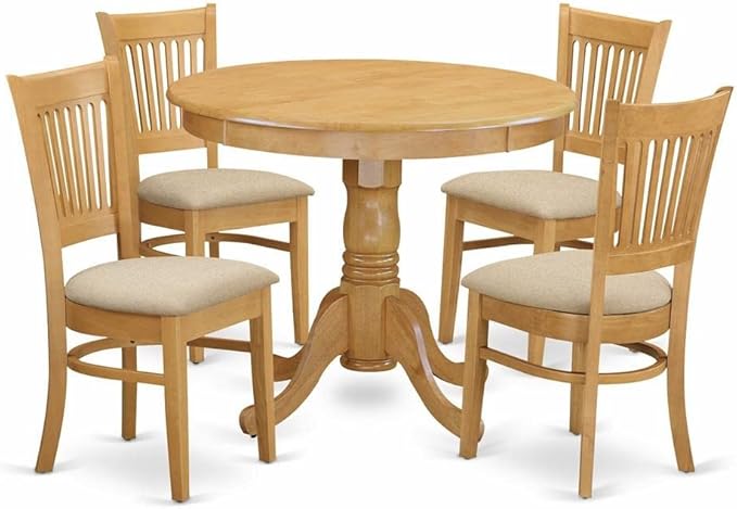 East West Furniture ANVA5-OAK-C 5 Piece Dining Room Furniture Set Includes a Round Dining Table with Pedestal and 4 Linen Fabric Upholstered Chairs, 36x36 Inch, Oak - LeafyLoom