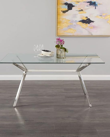 Uptown Club Glass Dining Table with Versatile Rectangular Designs, Tempered Surfaces, and Sturdy Bases for Modern Homes, Seats 4 to 8 People, Elegant Statement Piece, 36" x 63", Silver - LeafyLoom
