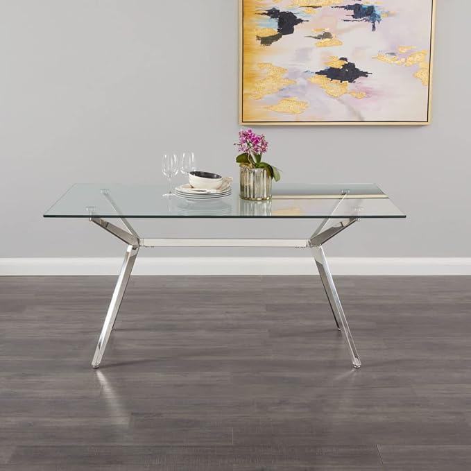Uptown Club Glass Dining Table with Versatile Rectangular Designs, Tempered Surfaces, and Sturdy Bases for Modern Homes, Seats 4 to 8 People, Elegant Statement Piece, 36" x 63", Silver - LeafyLoom