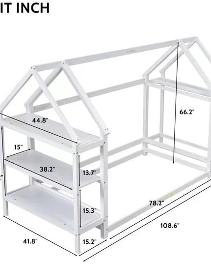 Twin Size Wood House Bed,Wood Platform Bed with Storage Shelves and Hanger,Floor Twin Size Montessori Bed Frame, Kids Boys Girls Bedroom,Living Room,No Box Spring Required,White - LeafyLoom