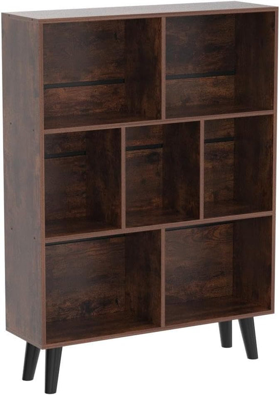LEYAOYAO Cube Bookshelf 3 Tier Mid-Century Rustic Brown Modern Bookcase with Legs,Retro Wood Bookshelves Storage Organizer Shelf,Freestanding Open Book Shelves for Bedroom,Living Room,Office - LeafyLoom
