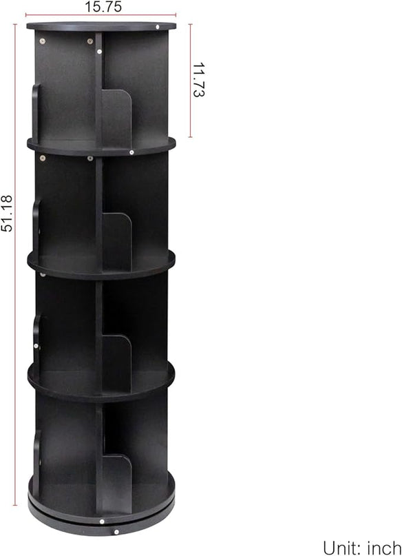 DMAITH Rotating Bookshelf, 360° Display Corner Bookcase for Small Space, 4 Tier Floor Standing Bookshelf Storage Rack, Wood Bookshelf Organizer for Kids' Room, Study Room, Bedroom, Black - LeafyLoom