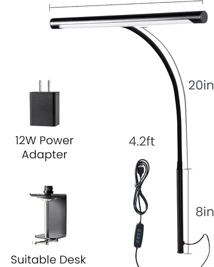 LED Desk Lamp for Home Office, Eye-Caring LED Desk Light Bar with Gooseneck, 12W Dimmable Overhead Light for Desk, Architect Clamp Lamp for Reading Study Workbench - LeafyLoom
