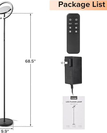 FIMEI Floor Lamp, Sky Modern Bright Standing Lamp with Rotatable Outer Ring Light, 3 Color Temperature and Stepless Dimming, Remote/Touch Independent Control for Living Room Bed Room Office, Black - LeafyLoom