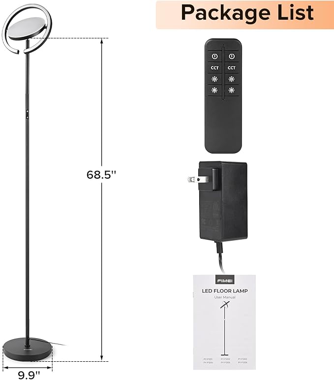FIMEI Floor Lamp, Sky Modern Bright Standing Lamp with Rotatable Outer Ring Light, 3 Color Temperature and Stepless Dimming, Remote/Touch Independent Control for Living Room Bed Room Office, Black - LeafyLoom