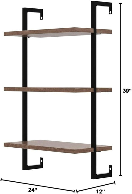 Nathan James Theo 3-Shelf Small Bookcase, Floating Wall Mount Bookshelf with Wood and Industrial Pipe/Metal Frame, Rustic Oak/Matte Black - LeafyLoom