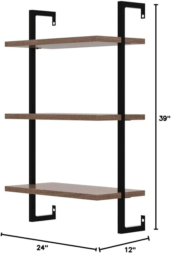 Nathan James Theo 3-Shelf Small Bookcase, Floating Wall Mount Bookshelf with Wood and Industrial Pipe/Metal Frame, Rustic Oak/Matte Black - LeafyLoom