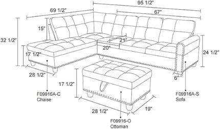 ROOMTEC Modern L Shaped Sectional Sofa with Storage Ottoman, Left Facing Chaise Longue, Reversible Backrest w/ 2 Cup Holders, Faux Leather Tufted Cushions, for Living Room, Apartment, Brown - LeafyLoom