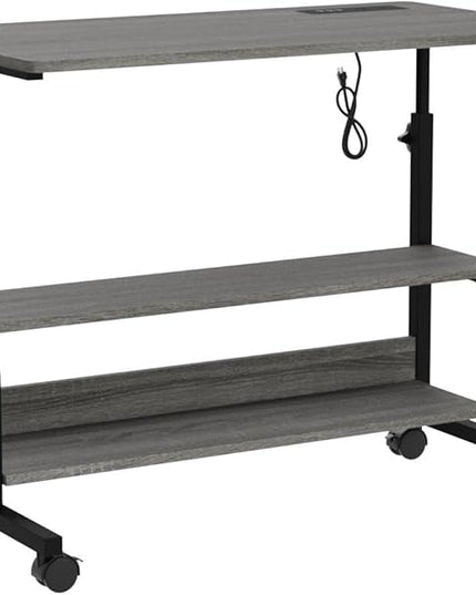 Height Adjustable Standing Desk with Power Outlets, 39" Manual Stand Up Desk with Storage Shelves Small Mobile Rolling Computer Desk Portable Laptop Table with Wheels for Home Office, Grey Oak - LeafyLoom