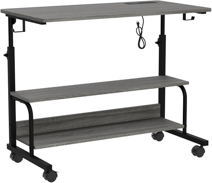 Height Adjustable Standing Desk with Power Outlets, 39" Manual Stand Up Desk with Storage Shelves Small Mobile Rolling Computer Desk Portable Laptop Table with Wheels for Home Office, Grey Oak - LeafyLoom