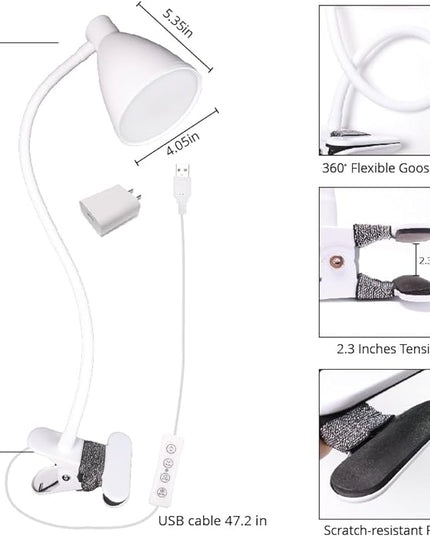 LED Desk Lamp Reading Lamp Clamp Lamp 3 Color Modes 10 Brightness Dimmer Table Lamp with Auto Off Timer Eye-Caring Office Lamp　360° Flexible Gooseneck Clip，AC Adapter Include,White (White) - LeafyLoom