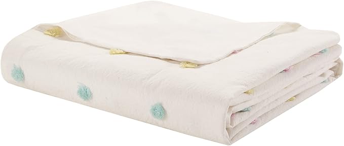 Duvet Cotton Jacquard Weave Colorful Poms Accent, Shabby Chic Cover for Comforter Cozy Bedding Set, Matching Shams, Decorative Pillows, Full Queen, Multi, 5 Piece - LeafyLoom
