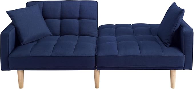 70.9" Modern Folding Sofa Bed Living Room Furniture Sets Futon Couch Convertible Tufted Loveseat with Adjustable Backrest for Lounge Sturdy Wood Legs Fabric Home Recliner Sofá, Blue-4 - LeafyLoom