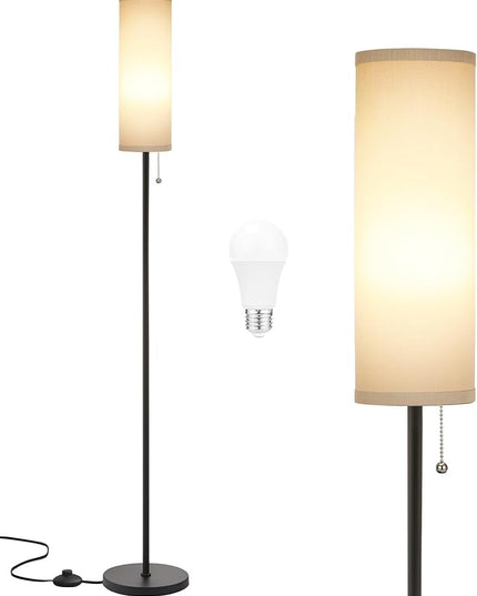 Ambimall Floor Lamp for Living Room with 3 Color Temperatures Bulb, 64" Standing lamp with Linen lampshade for Bedroom, Minimalist Pole Lamp, Grey Shade & Black Pole - LeafyLoom