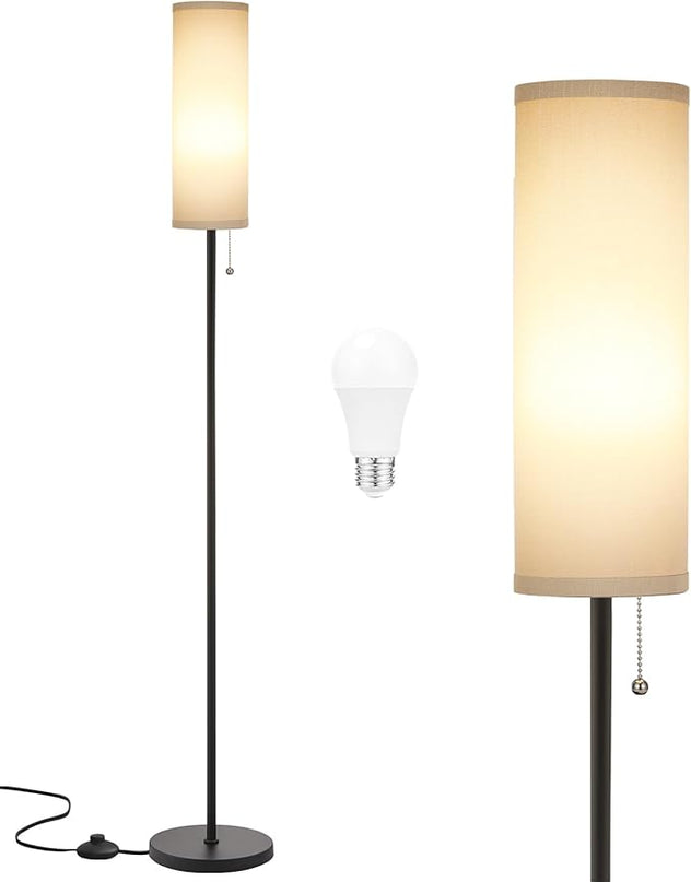 Ambimall Floor Lamp for Living Room with 3 Color Temperatures Bulb, 64" Standing lamp with Linen lampshade for Bedroom, Minimalist Pole Lamp, Grey Shade & Black Pole - LeafyLoom