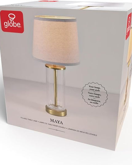 Globe Electric 61000063 20" Fillable Ribbed Glass Table Lamp, Matte Brass Accents, Beige Linen Shade, On/Off Rotary Switch on Socket, for Living Room, Bedroom, Office, Home Décor - LeafyLoom