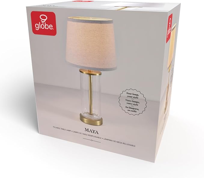 Globe Electric 61000063 20" Fillable Ribbed Glass Table Lamp, Matte Brass Accents, Beige Linen Shade, On/Off Rotary Switch on Socket, for Living Room, Bedroom, Office, Home Décor - LeafyLoom