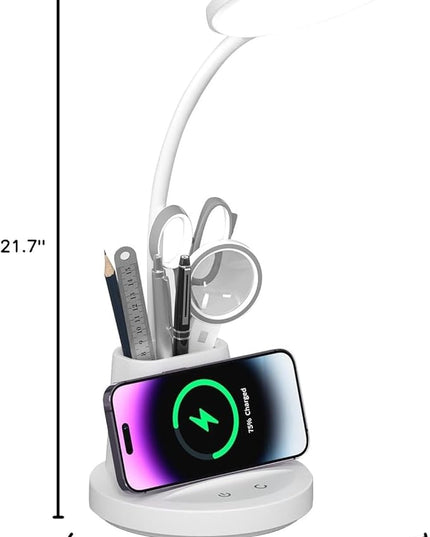 Desk Lamp for Home Office, LED Desk Lamp with Wireless Charger Pen Phone Holder, Dimmable Desk Light 3 Color Modes, College Dorm Study Lamp for College Dorm, CRI 90 800 Lumen - LeafyLoom