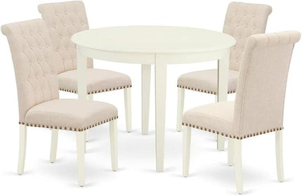 East West Furniture BOBR5-WHI-02 Nook Kitchen Table Set - Dining Room Chairs with Light Beige Linen Fabric Seat and Button Tufted Back - Solid Wood Round Modern Dining Table (White Finish) - LeafyLoom