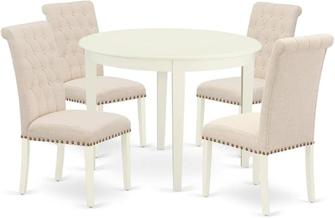 East West Furniture BOBR5-WHI-02 Nook Kitchen Table Set - Dining Room Chairs with Light Beige Linen Fabric Seat and Button Tufted Back - Solid Wood Round Modern Dining Table (White Finish) - LeafyLoom