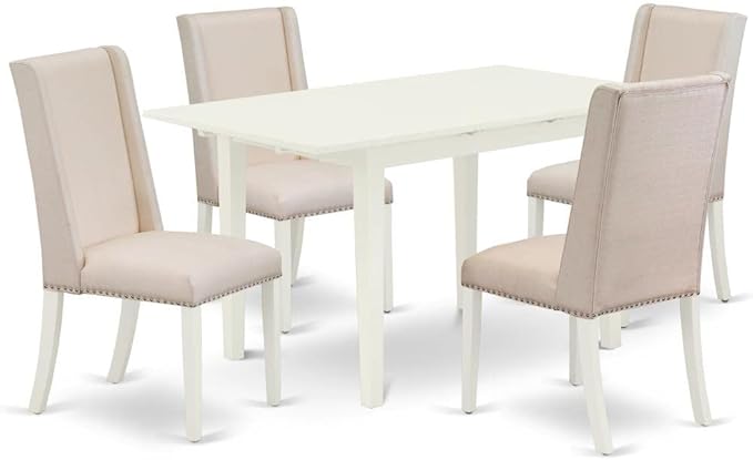 East West Furniture NOFL5-LWH-01 5 Piece Modern Dining Set Includes a Rectangle Wooden Table with Butterfly Leaf and 4 Cream Linen Fabric Upholstered Chairs, 32x54 Inch - LeafyLoom