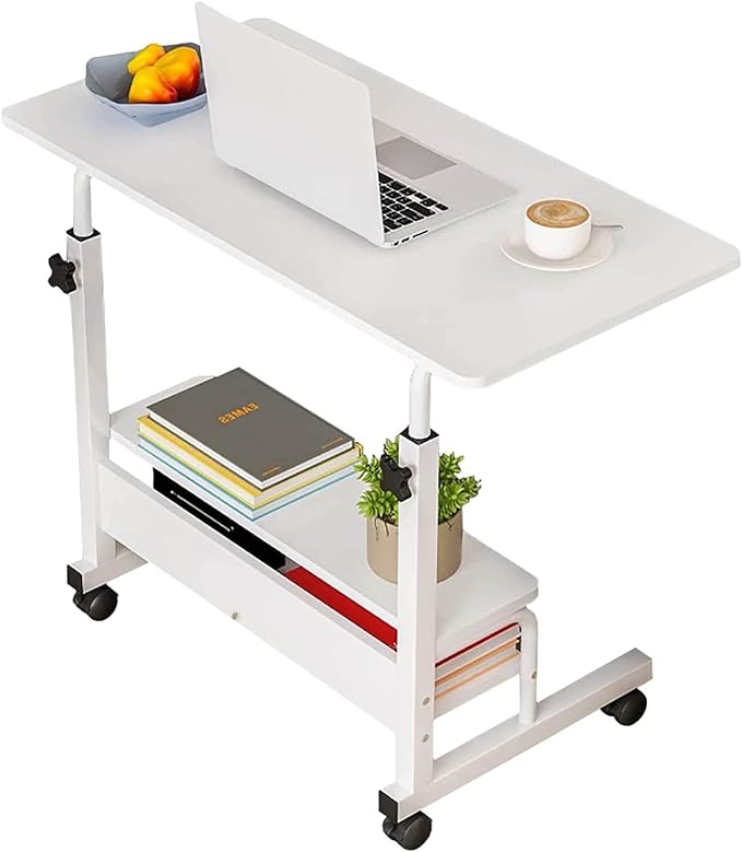 Adjustable White Home Office Desk with Storage and Detachable Wheels - 15.7 x 31.5 Inch - LeafyLoom
