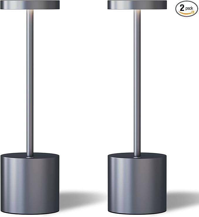 LED Cordless Table Lamps Set of 2, Portable Rechargeable 5000mAh Battery Powered Lamp, 3 Color Stepless Dimmable Metal Table Light for Outdoor/Patio/Restaurant/Home. (Grey) - LeafyLoom