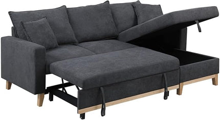 Reversible Sleeper Sectional Sofa with Storage Chaise, Convertible Woven 3 Seater Corner Couch Pull Out Bed, for Living Room Small Space, 84, Dark Gray-1 - LeafyLoom